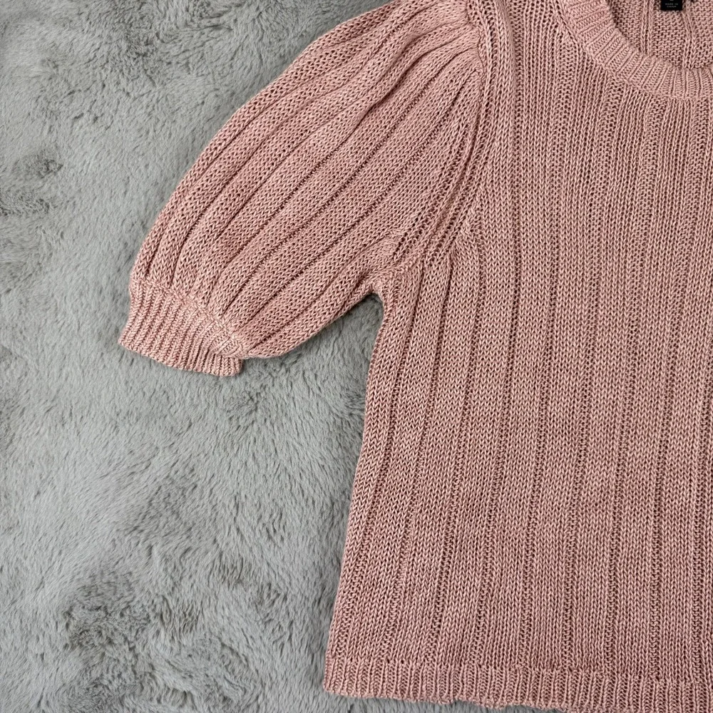 J.Crew Linen Knit Top Puff Sleeve Ribbed Crewneck Sweater Salmon‎ Pink L